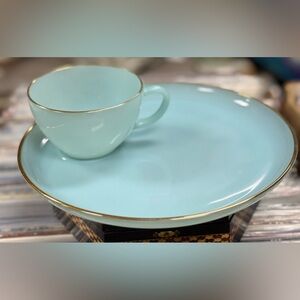 Set of 5 vintage Anchor Hocking Fire-King Turquoise Blue snack set
